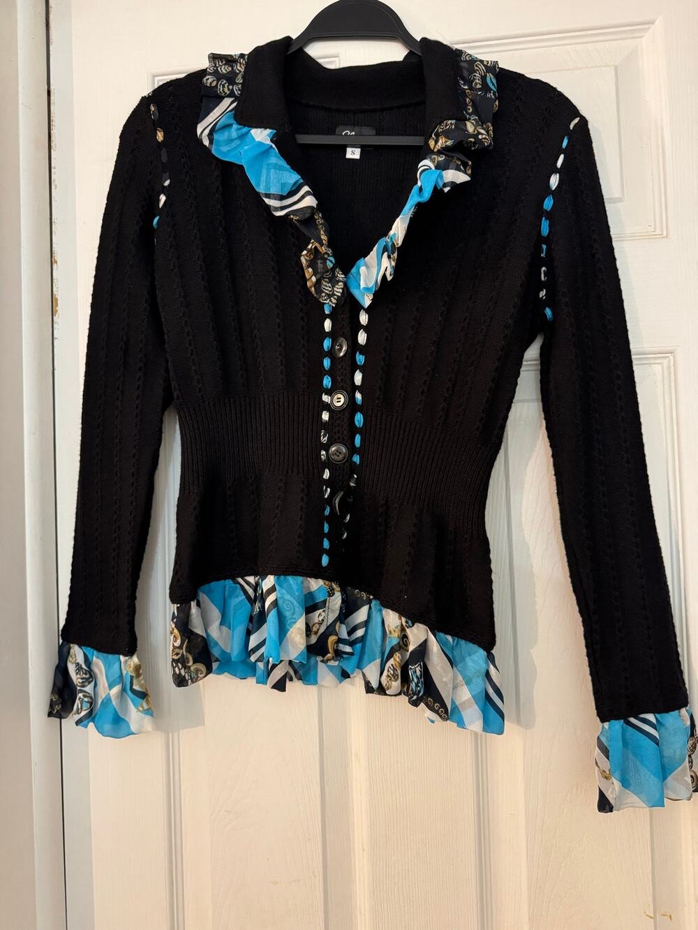 Elaris Art to Wear Knit Cardigan Jacket Ruffle Chiffon Trim Black Blue S